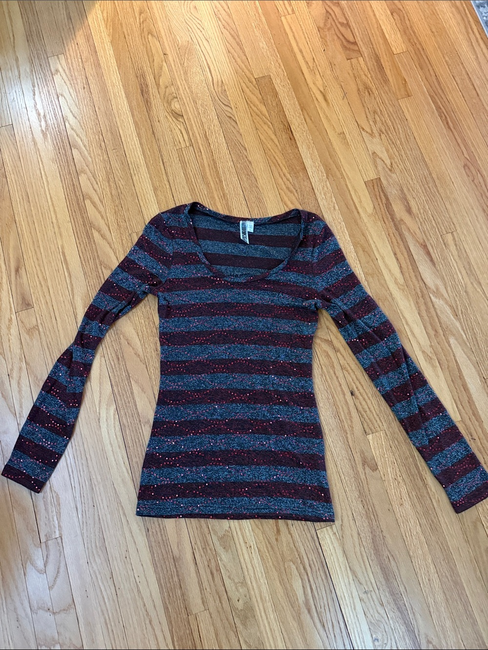 BKE Striped Glitter Long-Sleeve Scoop Neck Top - Burgundy & Charcoal